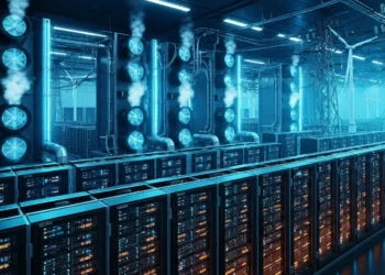AI data center with server racks and power infrastructure
