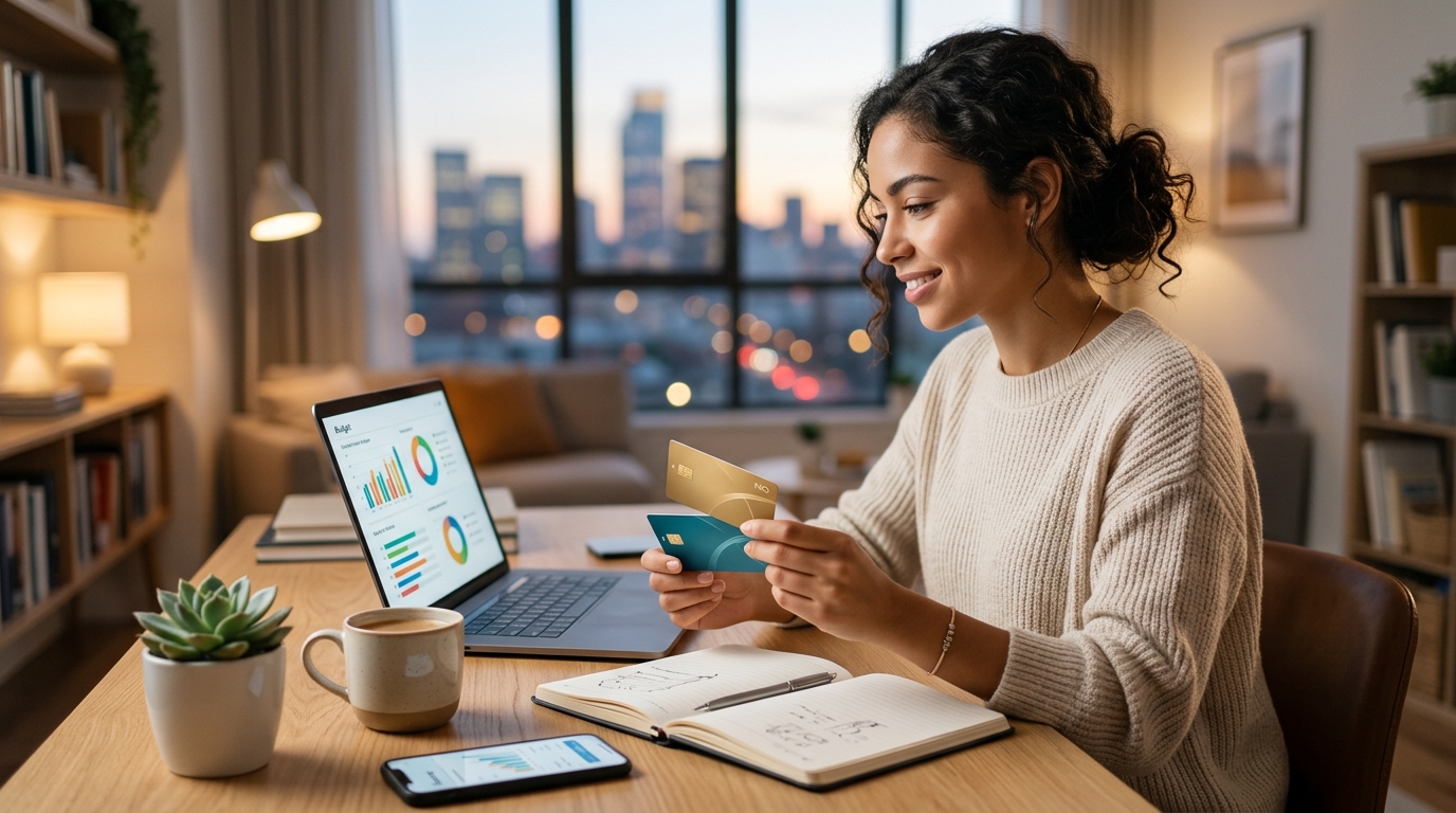 A person happily holding a no-annual-fee credit card, symbolizing financial freedom for beginners.