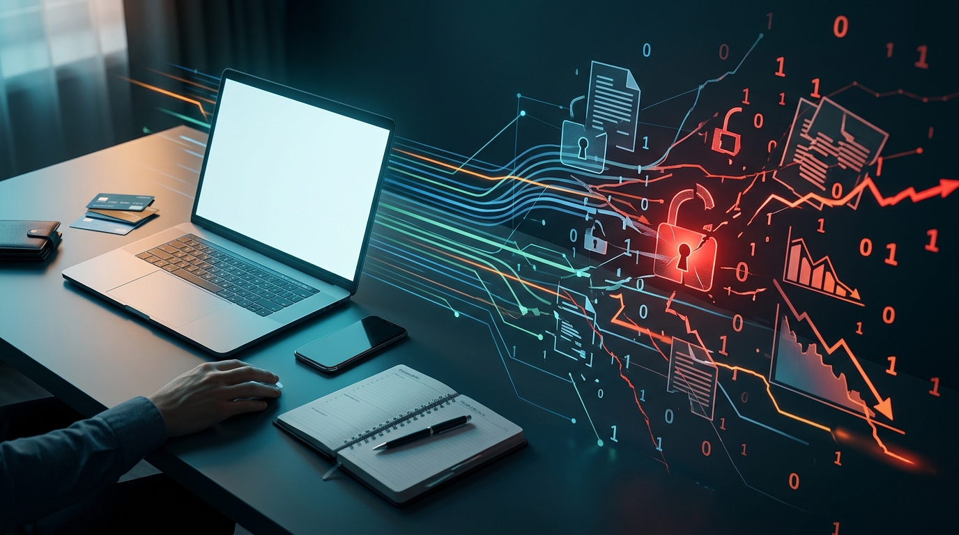 A digital lock being picked with streams of binary data flowing out, symbolizing the large-scale exfiltration of personal information in a cyber attack.