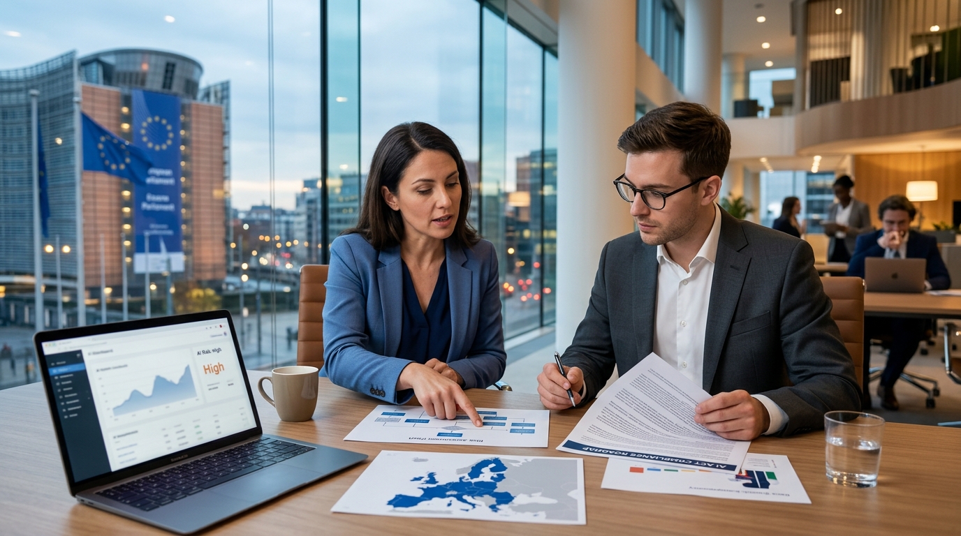 Business team reviewing EU AI Act Enforcement 2026 documentation and risk assessments