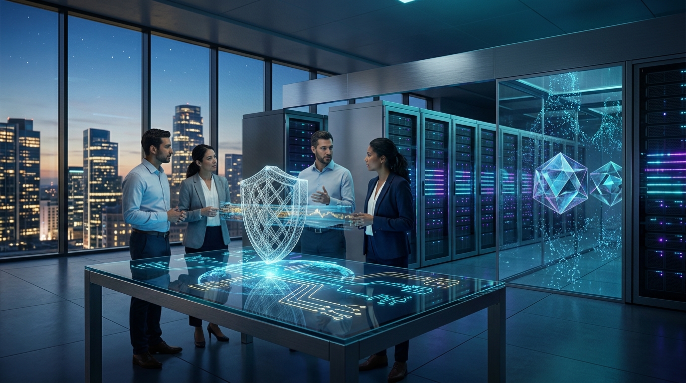 A detailed architectural visualization showing the integration of ML-KEM and ML-DSA modules into hybrid cloud environments, data centers, and secure communication pipelines.