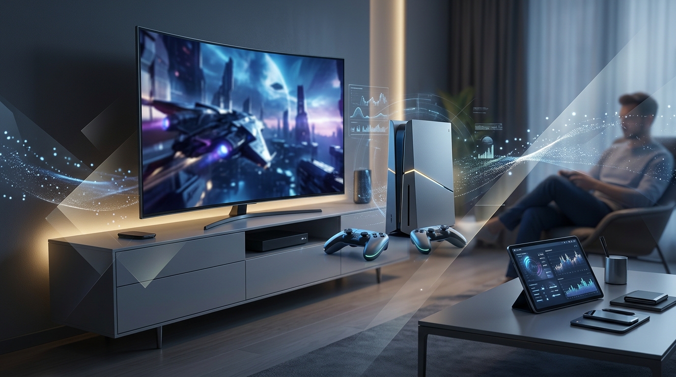 Futuristic conceptual render of a PlayStation 6 console with sleek lines and ambient lighting