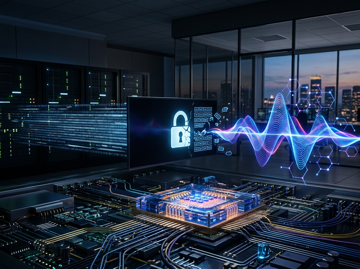 Comparative chart detailing key sizes, signature sizes, and performance metrics for RSA-2048, ECC P-256, ML-KEM-768, and ML-DSA-65, with annotations on network bandwidth impact.