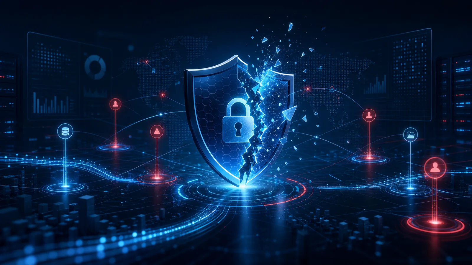 An infographic showing a steeply rising line graph from 2020 to 2026 labeled 'Average Data Breach Cost,' with icons representing healthcare, finance, retail, and technology sectors along the timeline.